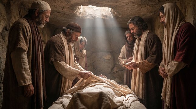 Biblical scene of disciples burying Jesus Christ in an ancient stone tomb with a shroud and dramatic light rays in Jerusalem.