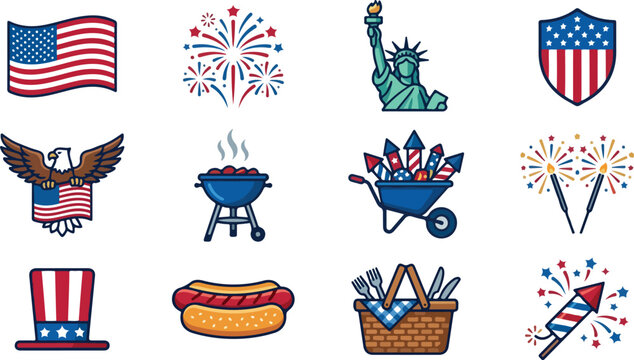 American Independence Day icons, patriotic symbols, USA flag, fireworks, 4th of July