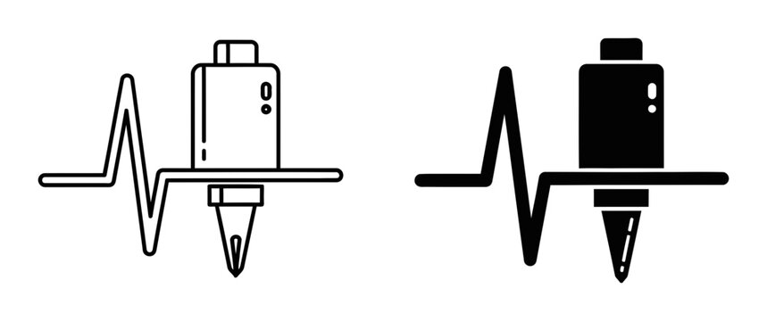 Tattoo machine and heartbeat icon set, outline and solid style, white background, vector Illustration