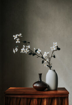 Vase with branch of white flowers on table against beige wall.