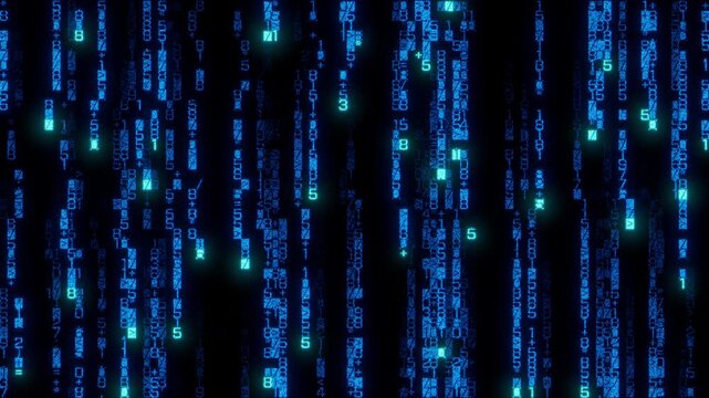 High-Resolution Array of Code Cascading Downwards. Neon Blue Data Visualization Background. Seamless Loop.