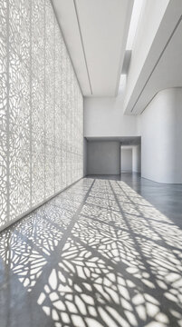 Bright Minimalist Gallery Interior with Sunbeams Passing Through Intricate Patterned Screen Creating Dramatic Shadows