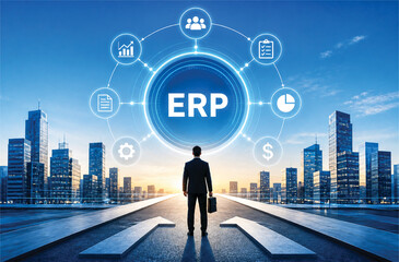 Fototapeta premium Enterprise Resource Planning ERP System Integration Concept with Business Growth and Digital Transformation in Modern City