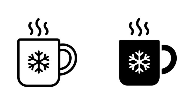 two coffee mug silhouettes with snowflake design on black and white backgrounds