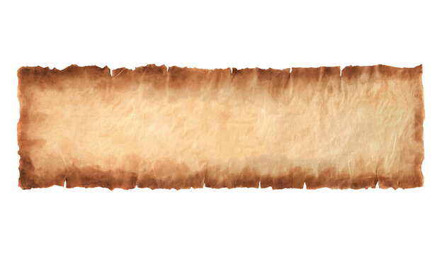 Horizontal vintage parchment paper scroll with torn edges on black transparent background