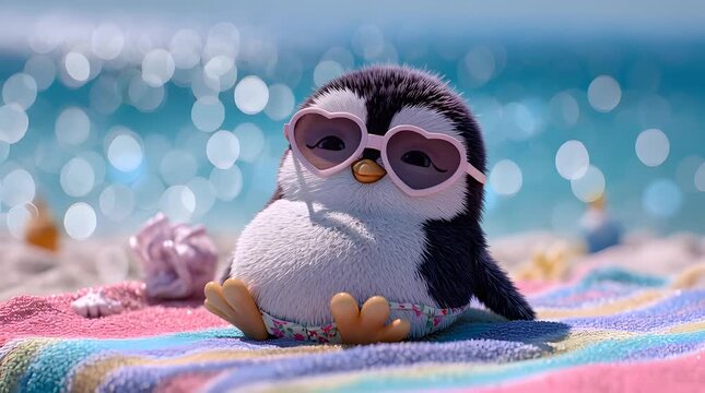Adorable round penguin wearing heart shaped sunglasses sunbathing on a colorful beach towel with sparkling ocean in the background