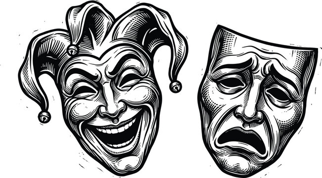 Vintage Style Comedy and Tragedy Drama Masks Set with Laughing Jester and Crying Face for Theater Arts Classic Entertainment and Tattoo Graphic Designs
