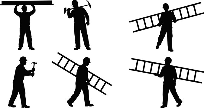 Silhouettes of construction workers carrying ladders and tools in action poses, ideal for labor, industry, and manual work-themed designs.