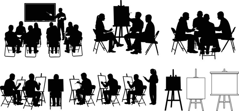 Black silhouette illustrations of people engaged in meetings, group discussions, and art sessions with easels, perfect for business, teamwork, and creative themes.