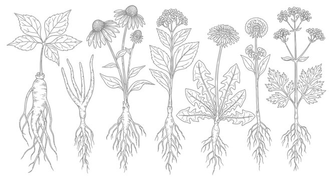 Botanical illustration of various herbs and plants with roots exposed