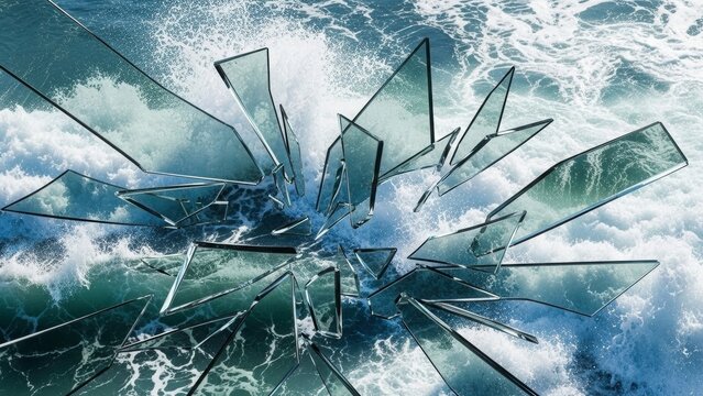 Shattered Reflections: A dramatic artistic impression of broken glass shards scattered across churning ocean waves, creating a visual metaphor of chaos and transformation.