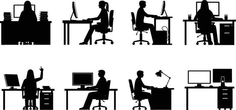 Black silhouette illustrations of people working at desks with computers and office equipment, ideal for business, office, and professional-themed designs.