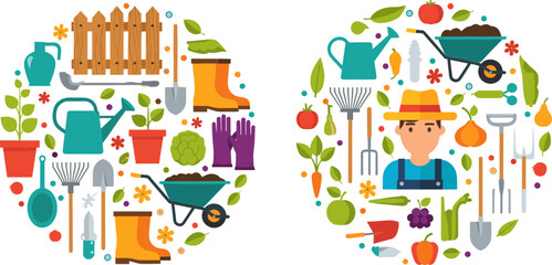Naklejka premium Colorful illustrations of gardening tools, plants, and a farmer with a watering can, ideal for gardening, agriculture, and nature-themed designs.