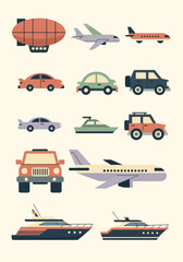 Flat Design Transport Icon Set: Minimalist Vector Illustrations of Airplanes, Cars, SUVs, and Luxury Yachts for Travel, Logistics, and Infographic Design © Nastya