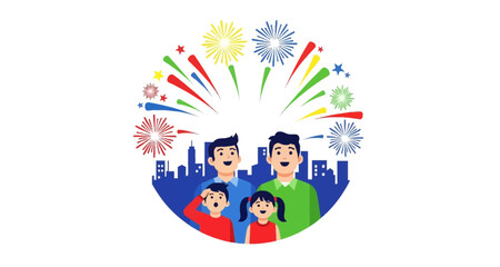 Fototapeta premium Family watching fireworks display over city skyline on transparent background