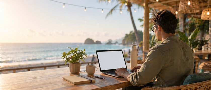 Man working on a blank laptop at a wooden beach cafe table with coffee, plant, string lights, tropical sea view, and warm sunset lighting