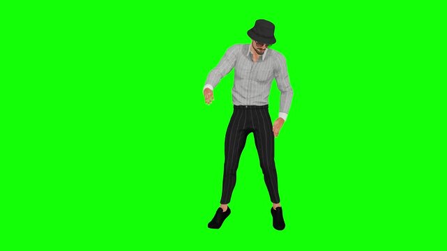 dancer walks forward with a step on green screen, isolated for chroma key compositing in music, entertainment, advertising, and video production. Useful for stock video projects.