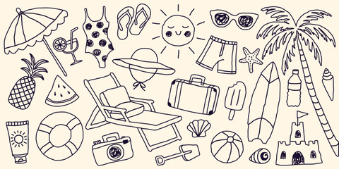 Summer Beach Elements Doodle Set in Black Outline. Hand Drawn Vacation Icons Collection with Umbrella, Surfboard, Palm Tree, Sunglasses, Suitcase and Accessories. Vector Illustration © Anastasiia