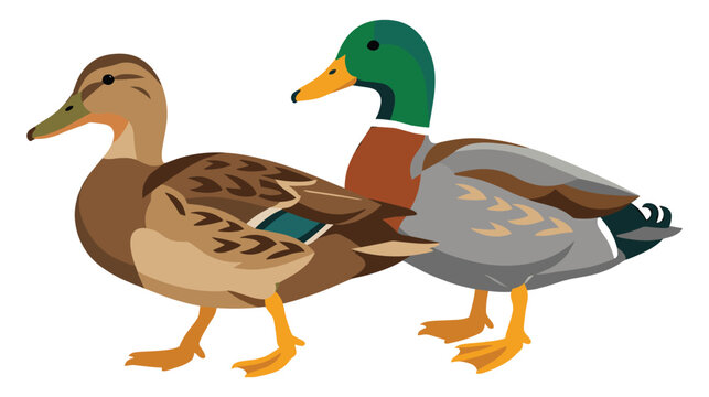 Mallard ducks couple standing together isolated flat vector artwork.