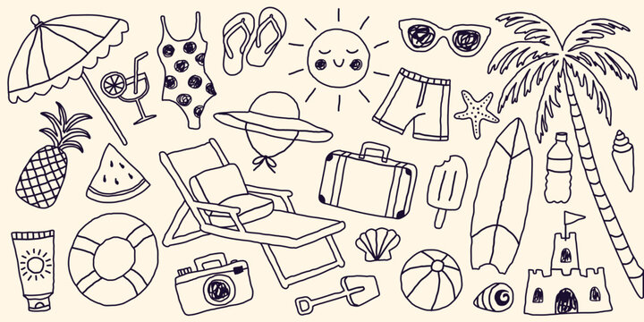 Summer Beach Elements Doodle Set in Black Outline. Hand Drawn Vacation Icons Collection with Umbrella, Surfboard, Palm Tree, Sunglasses, Suitcase and Accessories. Vector Illustration