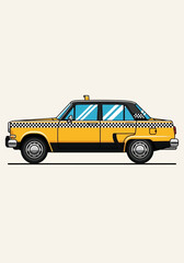 Vintage Yellow Taxi Cab Vector Illustration, Retro Classic Sedan Taxi with Checker Pattern Side View © Nastya