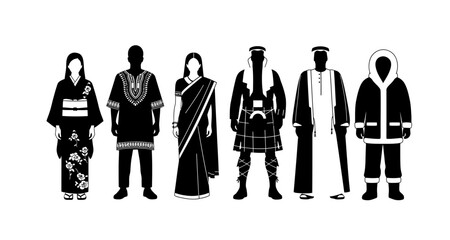 Silhouettes of people in traditional clothing on transparent background © Hridoy