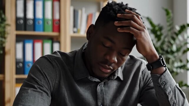 Stressed young black businessman holding his head in office with files and plant