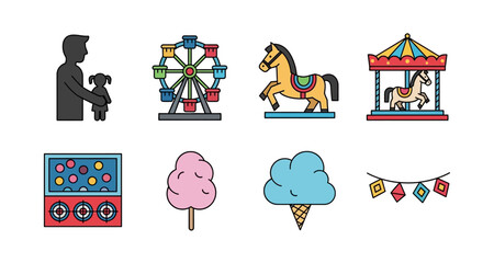 Amusement Park Icons Set Carnival Attractions And Treats On Transparent Background © Hridoy