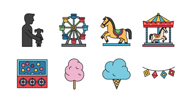 Amusement Park Icons Set Carnival Attractions And Treats On Transparent Background