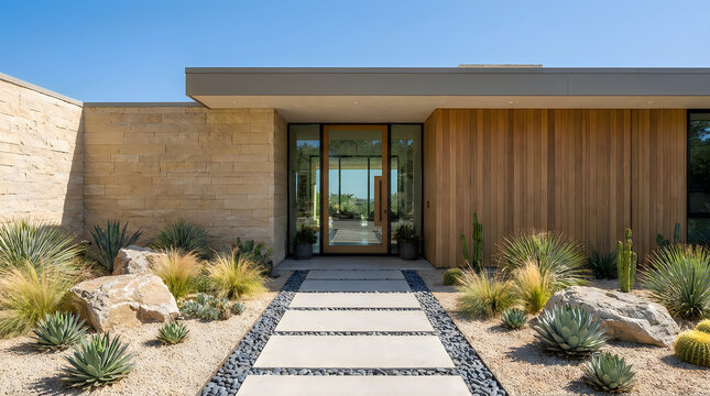 Modern luxury home exterior with desert landscaping and walkway