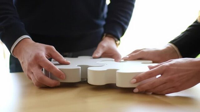 Close-up video of diverse hands connecting matte white abstract puzzle pieces on modern desk, creamy bokeh, warm natural light. concept of collaboration and problem-solving