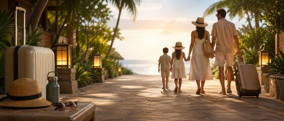 Fototapeta premium Family walking through a tropical beach resort at sunset with rolling suitcases, palm trees, lanterns, and vacation accessories in warm golden light