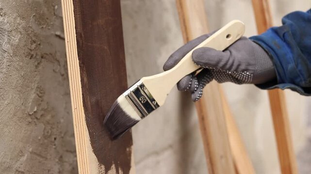 Painter covers a wooden panel with brown varnish, close-up. Hand in a protective glove holds a brush, painting a wooden surface. Handmade. The process of treating wood with a protective coating