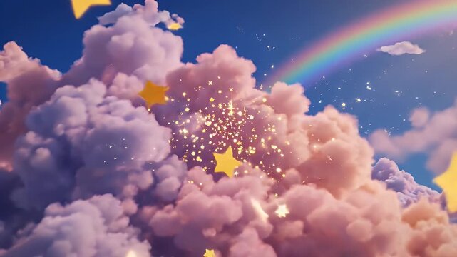 Dreamy pastel sky with rainbow, pink clouds, and shimmering golden sparkles