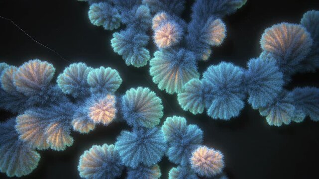 Microscopic organisms forming intricate shapes, cells multiplying and creating complex biological structures.