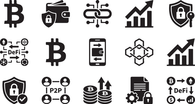Cryptocurrency, finance, and banking icons, 16 black vector graphics, DeFi, Bitcoin, P2P, shield, lock symbols
