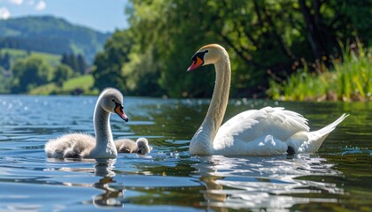 Fototapeta premium Swans and cygnets on peaceful lake.