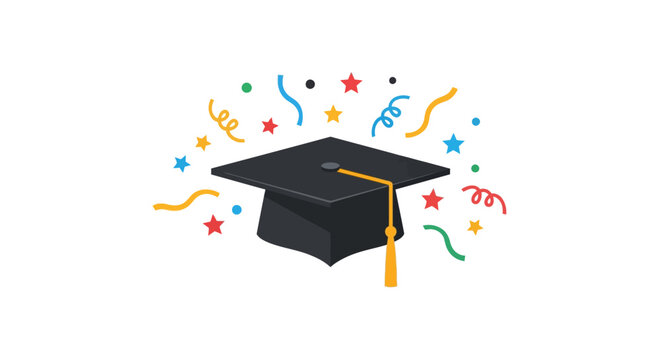 Black graduation mortarboard cap with yellow tassel and multi-colored confetti, stars, and streamers. Flat vector illustration of educational achievement on a plain white background.