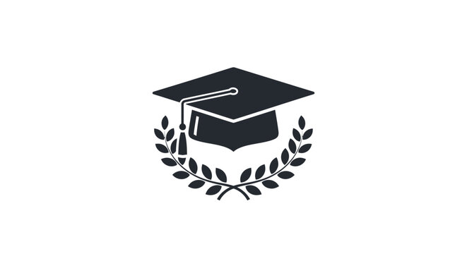 Minimalist black vector icon of a graduation mortarboard cap with a hanging tassel and a laurel wreath below it, isolated on a plain white background for academic achievement.