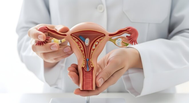 Doctor presenting detailed anatomical model of the uterus