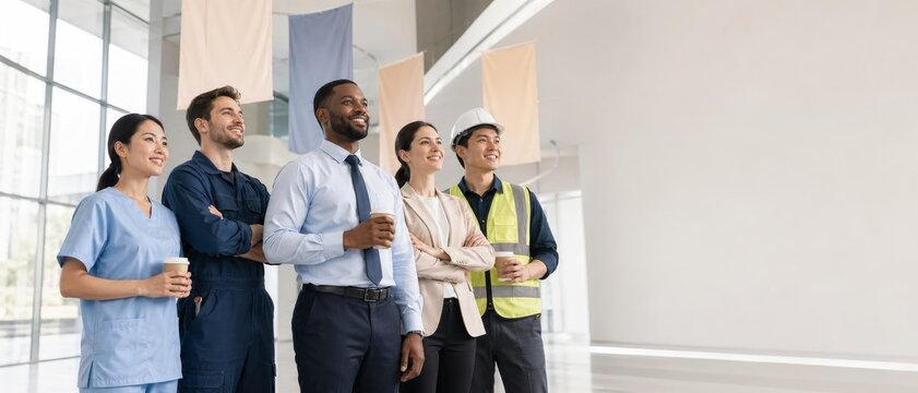 Diverse smiling professionals including nurse, technician, manager, businesswoman and engineer standing in bright modern workplace with copy space.