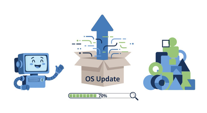 Computer OS Update Process Illustrated with Characters.