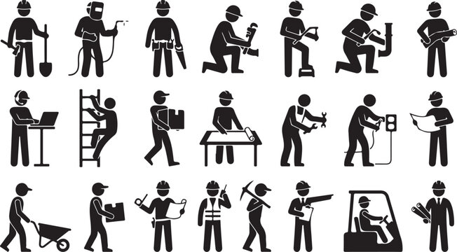 Black silhouette icons of construction workers, laborers, and craftsmen, 20 people working, industrial and building occupations, flat vector graphics