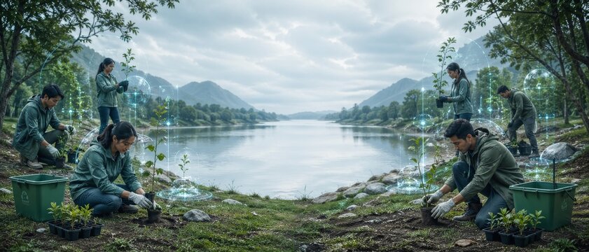 Environmental workers planting saplings beside a calm mountain lake with futuristic data overlays, green bins, cloudy sky and forest scenery.