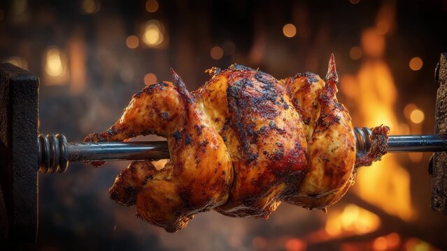 Rotisserie Chicken Day. Grilled whole chicken roasting on a spit with smoke rising, concept of barbecue and fire-cooked meal.