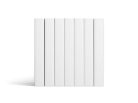 Seven books isolated on white background. Mockup. Blank. Cover. Spine. 3d illustration.