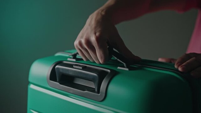 Close-up of traveler checking trolley bag handle for defects before traveling, ensuring luggage in perfect condition and ready for the journey, embodying travel preparation.