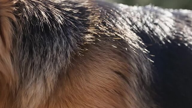 Macro Close Up of German Shepherd Dog Fur Texture in Sunlight