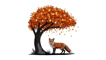 Fototapeta premium Autumn Fox's Serenity: A red fox, symbol of wildness, finds sanctuary beneath a vibrant tree of golden autumnal hues. The leaves gently cascade down, painting a scene of peace and the changing season.