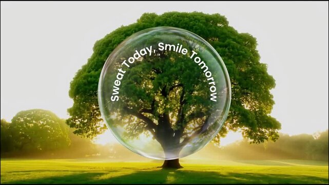 Large green tree with sunbeams through branches in a bubble nature